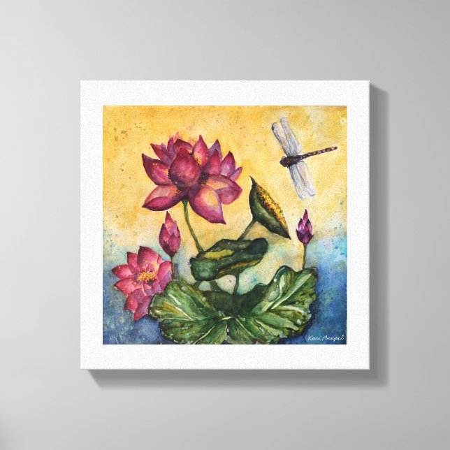 Dragonfly Lotus Wasserfarbe Print Wrapped Canvas Leinwanddruck (Vorderseite)