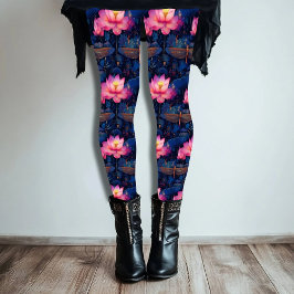 Dragonfly & Pink Lotus Design-Leggings Leggings