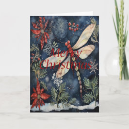 Dragonfly Poinsettia Berries Carte bleue de Noël
