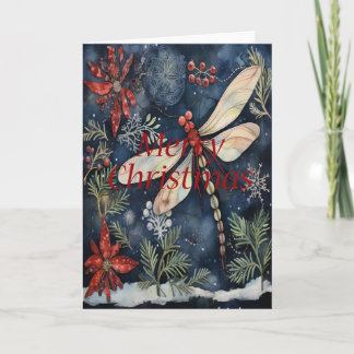 Dragonfly Poinsettia Berries Carte bleue de Noël