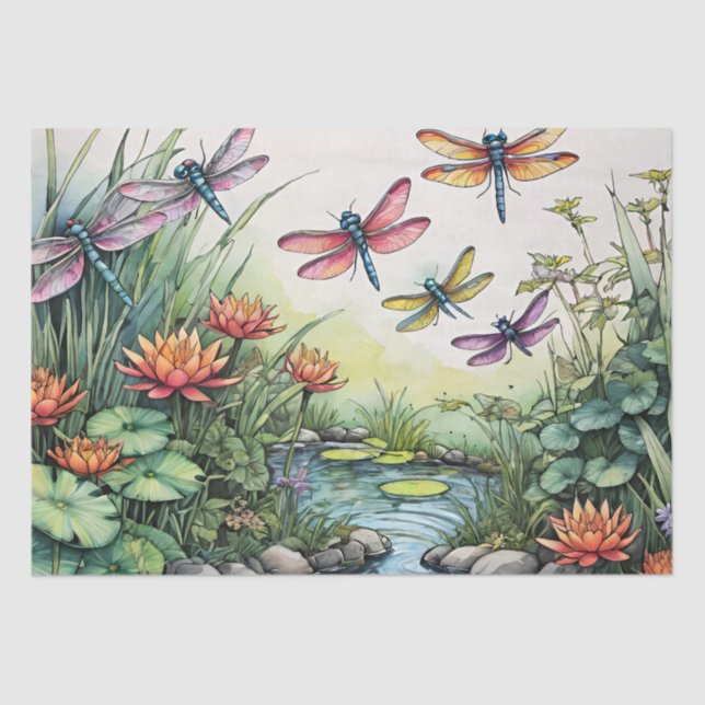 Dragonfly Pond Lili Pads Drachenfliegen Seidenpapier (Vorderseite)