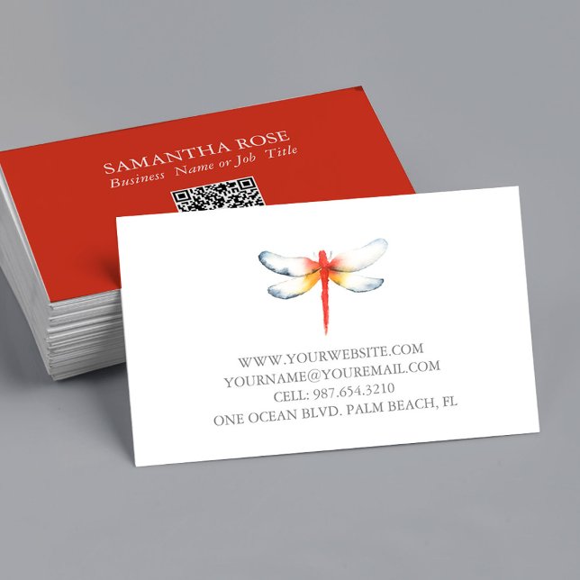 Dragonfly rouge carte de visite (Business cards watercolor red dragonfly art by Victoria Grigaliunas with QR code)