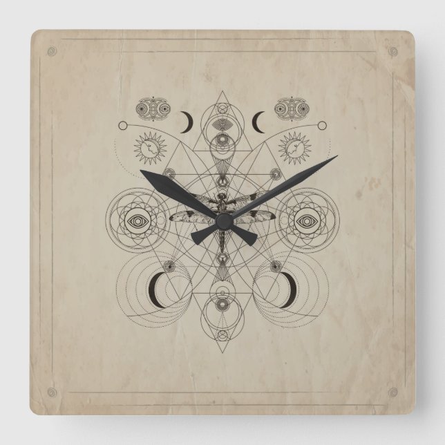Dragonfly Sacred Geometry Composition Quadratische Wanduhr (Vorderseite)