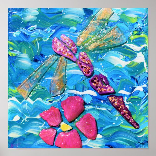 Dragonfly Sea Glass Mix Media Collage Poster (Vorne)