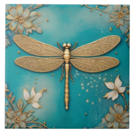 Dragonfly Türkis Aquamarin & Gold Imitats Hilfe As Fliese