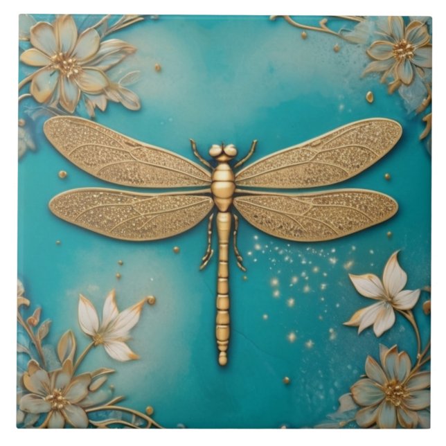 Dragonfly Türkis Aquamarin & Gold Imitats Hilfe As Fliese (Vorderseite)