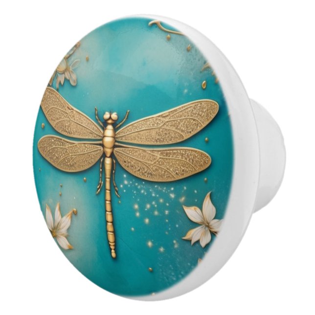Dragonfly Türkis Aquamarin & Gold Imitats Hilfe As Keramikknauf (Rechts)