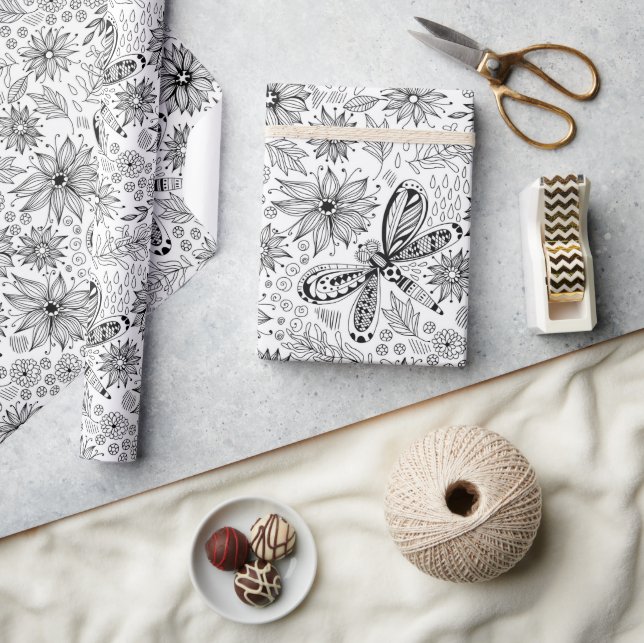 Dragonfly und Blume-Doodle-Packpapier Geschenkpapier (Basteln)