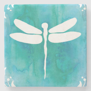 Dragonfly Watercolor White Aqua Steinuntersetzer