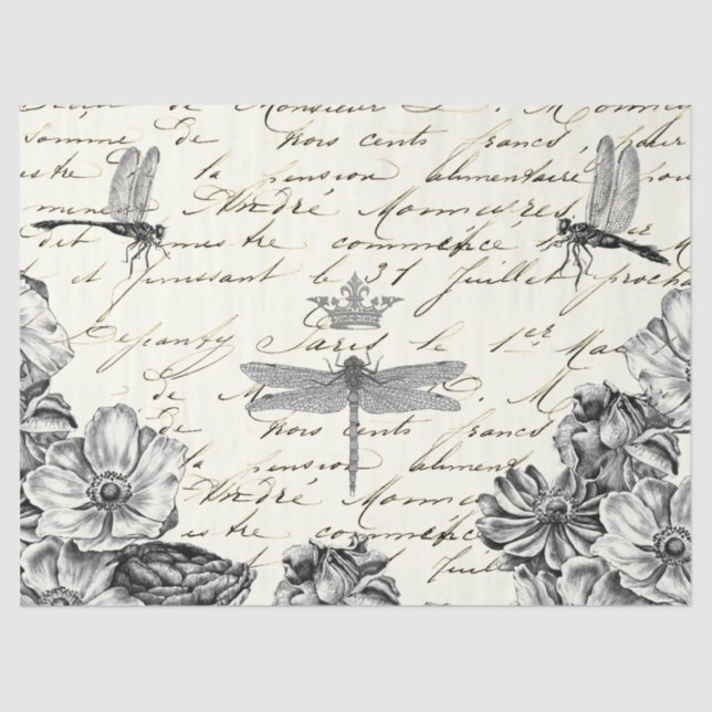 Dragonfly-Wildblume Französisch Script Decoupage C Seidenpapier (Vorderseite)