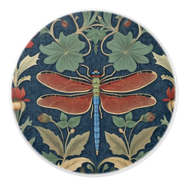 Dragonfly William Morris Stil Blau und Rot Keramikknauf (Vorderseite)