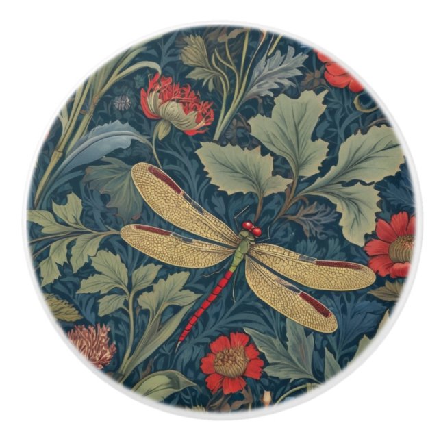 Dragonfly William Morris Stil Rechts Vintag Keramikknauf (Vorderseite)