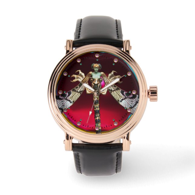 DRAGONFY FRAU MIT PINK GEMSTONES Red Burgund Armbanduhr (Vorderseite)