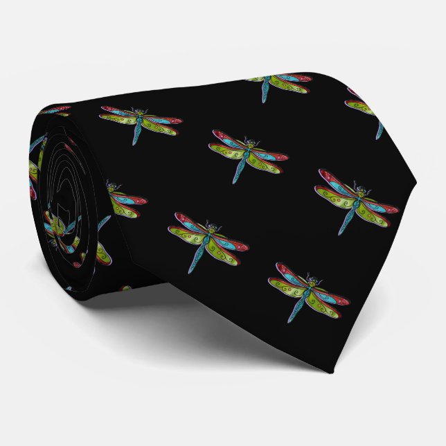 Dragonlies de verre collé sur le Cravate noir (Roulé)