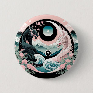 Dragons Blumenberge Rosa Landschaft Aquamarin Button