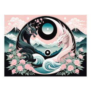 Dragons Blumenberge Rosa Landschaft Aquamarin Fotodruck