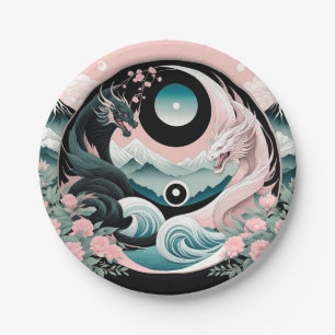 Dragons Blumenberge Rosa Landschaft Aquamarin Pappteller