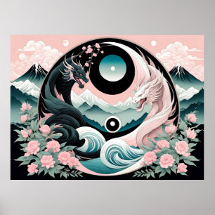 Dragons Blumenberge Rosa Landschaft Aquamarin Poster