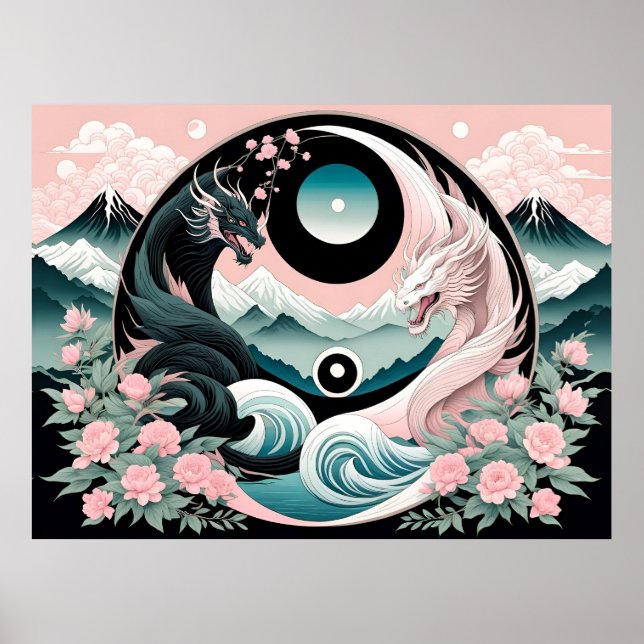 Dragons Blumenberge Rosa Landschaft Aquamarin Poster (Vorne)