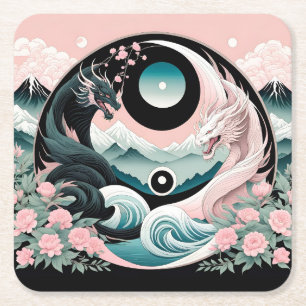 Dragons Blumenberge Rosa Landschaft Aquamarin Rechteckiger Pappuntersetzer