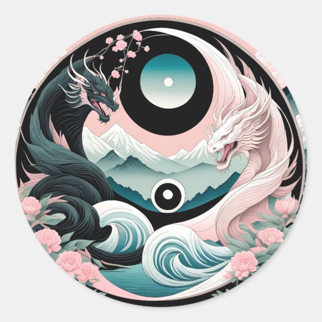 Dragons Blumenberge Rosa Landschaft Aquamarin Runder Aufkleber (Vorderseite)