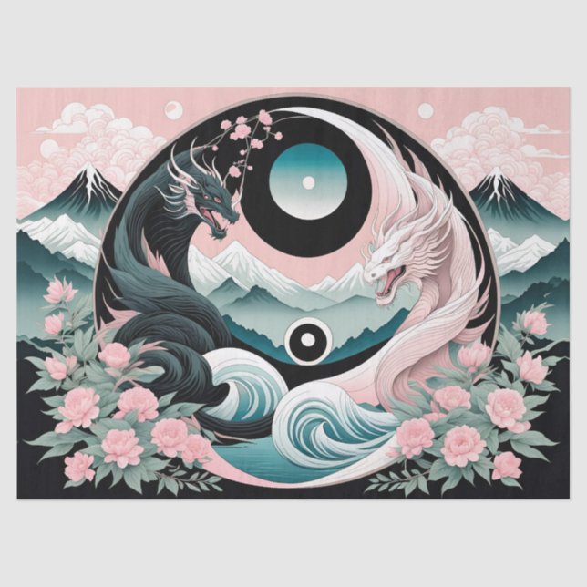 Dragons Blumenberge Rosa Landschaft Aquamarin Seidenpapier (Vorderseite)