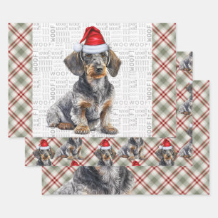 Drahthaar-Dachshund-Hund Rotkariert Weihnachten Geschenkpapier Set