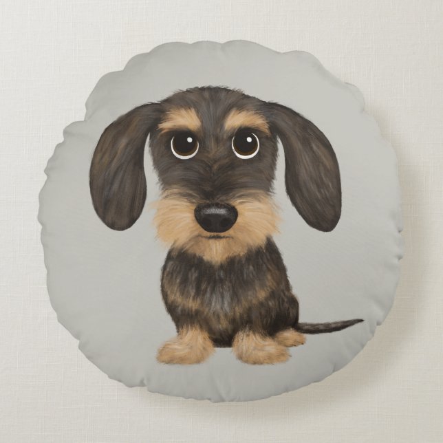 Drahthaar Dackel | Niedlicher Cartoon Dog Teckel Rundes Kissen (Vorderseite)