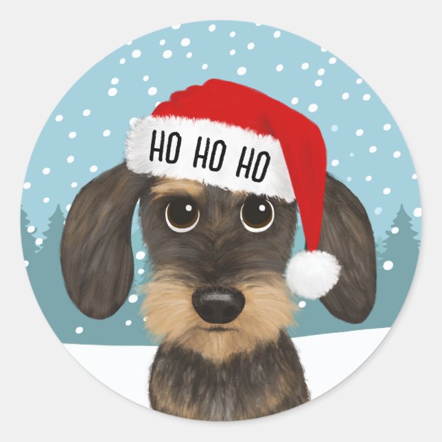 Drahthaar Dackel Santa Niedlich Hund Custom Runder Aufkleber (Vorderseite)