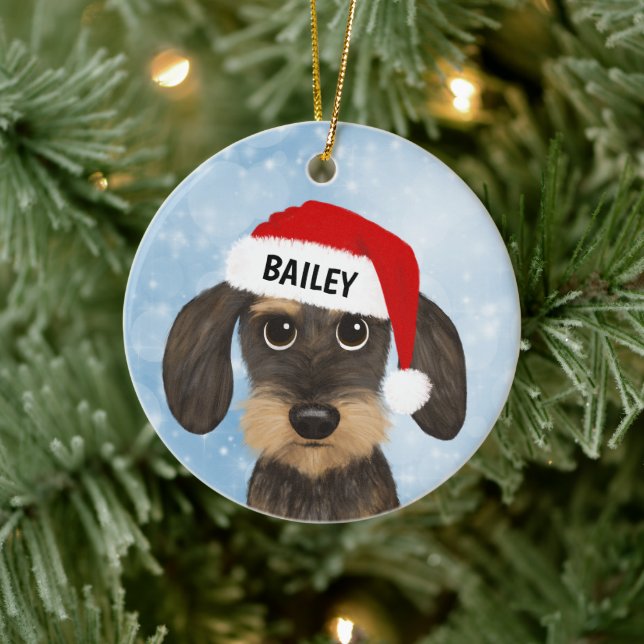 Drahthaar Dackel Santa Teckel Dog Individuelle Nam Keramik Ornament (Baum)