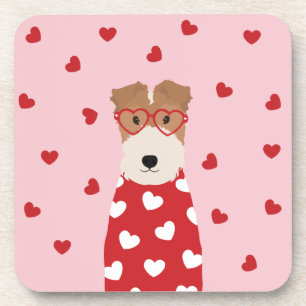 Drahthaar-Fox-Terrier-Hund-Herz-Brille Rosa Rot Getränkeuntersetzer