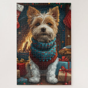 Drahthaar-Fox-Terrier-Hund mit Weihnachtsgeschenk 