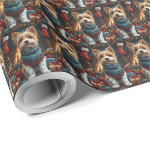 Drahthaar-Fox-Terrier-Hund mit Weihnachtsgeschenk  Geschenkpapier