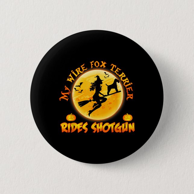Drahthaar-Foxterrier-Reitet-Schuss-Hund-Halloween- Button (Vorderseite)