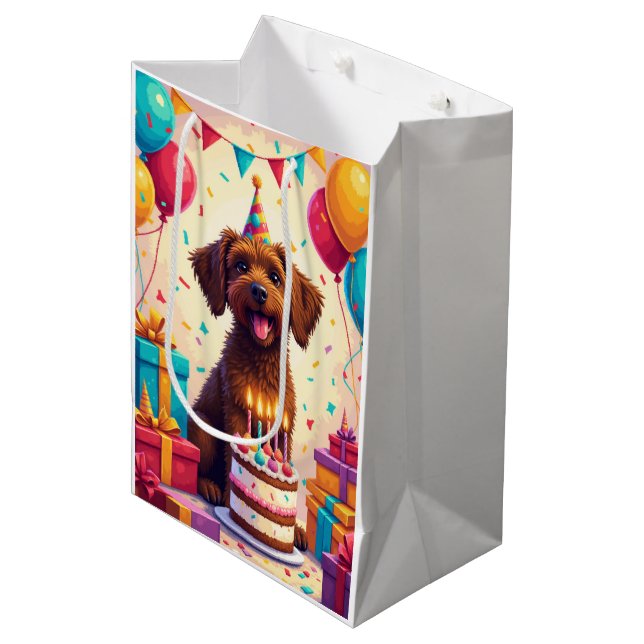 Drahthaar-Geburtstagsfeier Mittlere Geschenktüte (Vorderseite Schrägansicht)