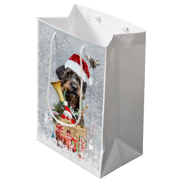Drahthaar Pointer, Dog Weihnachten Mittlere Geschenktüte (Vorderseite Schrägansicht)