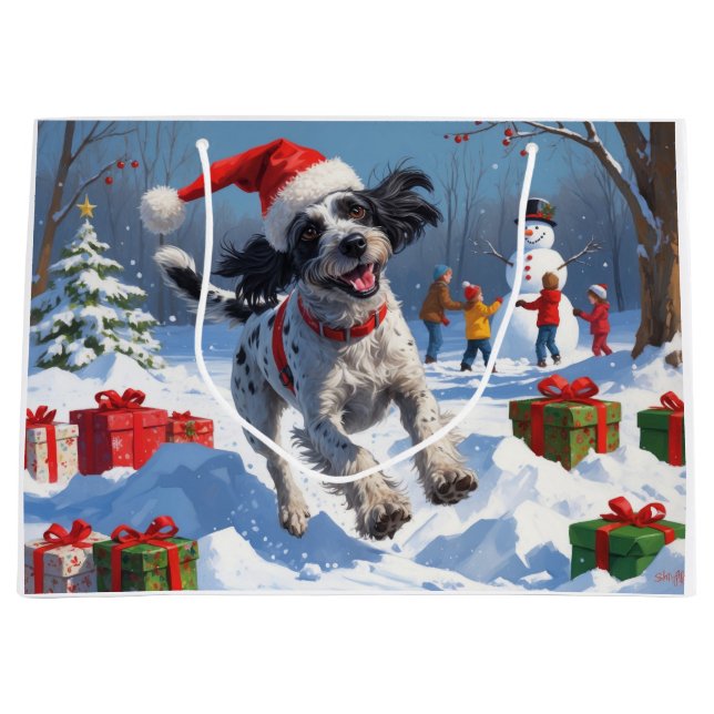 Drahthaar Pointing Griffon in Snow Christmas Hat Große Geschenktüte (Vorderseite)