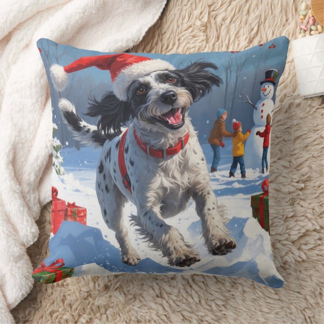 Drahthaar Pointing Griffon in Snow Christmas Hat Kissen (Decke)
