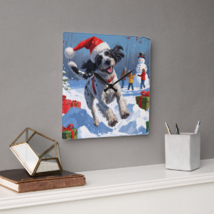 Drahthaar Pointing Griffon in Snow Christmas Hat Quadratische Wanduhr