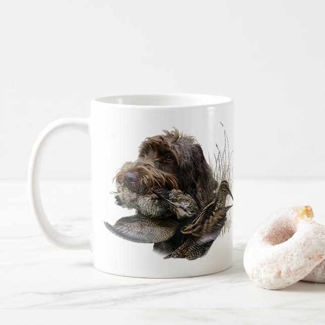 Drahthaar Pointing Griffon, Jagd auf Holzhaken Kaffeetasse (Mit Donut)