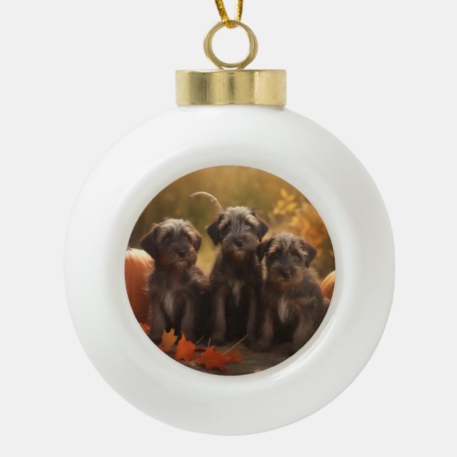 Drahthaar Pointing Griffon Puppy Herbst Keramik Kugel-Ornament (Vorderseite)