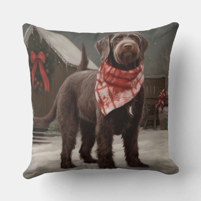 Drahthaar Pointing Hund im Schnee Weihnachten Kissen (Rückseite)