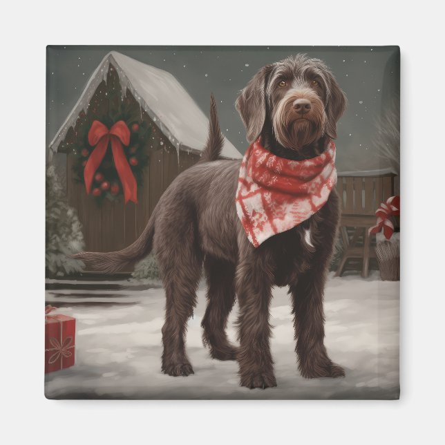 Drahthaar Pointing Hund im Schnee Weihnachten Magnet (Vorne)
