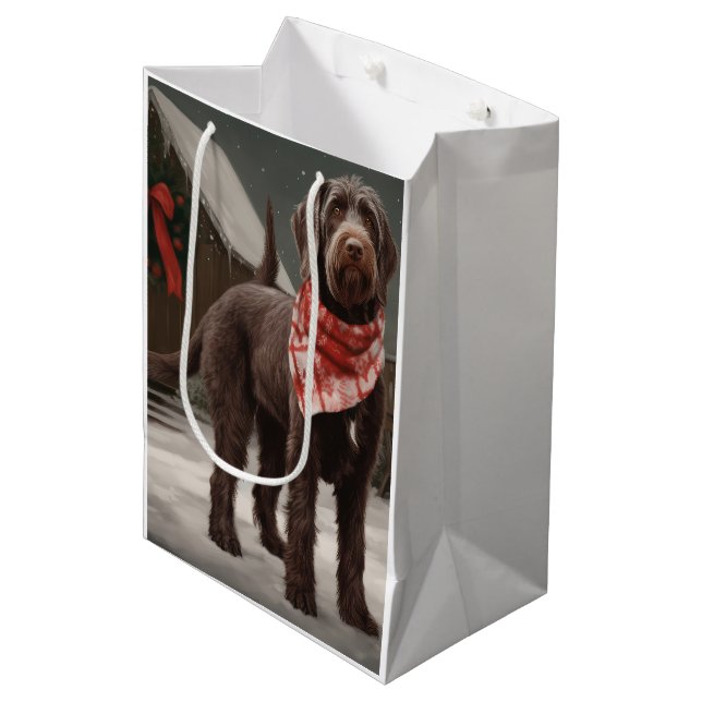 Drahthaar Pointing Hund im Schnee Weihnachten Mittlere Geschenktüte (Vorderseite Schrägansicht)