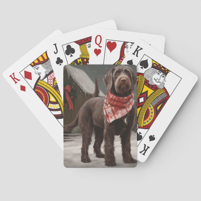 Drahthaar Pointing Hund im Schnee Weihnachten Spielkarten (Rückseite)