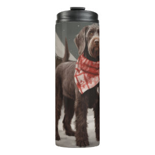 Drahthaar Pointing Hund im Schnee Weihnachten Thermosbecher