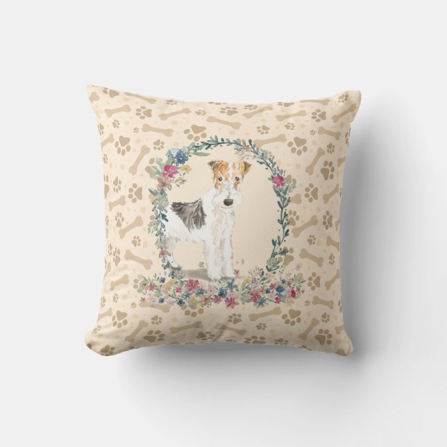Drahthaarenfox Terrier Dog Paw Print & Floral Kissen (Vorderseite)