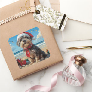 Drahthaariger Vorstehhund Weihnachten Strand Quadratischer Aufkleber