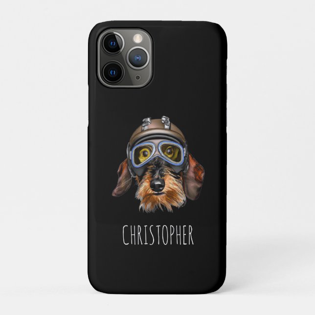 Drahthaarterrier Dackel Hund mit Helm Case-Mate iPhone Hülle (Rückseite)