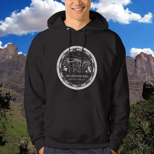 Drakensberg - Südafrika Hoodie (Drakensberg Mountains Hoodie in Back with a white compass and mountain illustration)